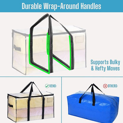 VENO 6 Pack Moving Bags & Large Christmas Storage Bins with lids for Decorations, Garland, Lights. Moving Boxes Packing Supplies for College Dorm. Extra Large Heavy Duty Totes (Clear-6 Pack)