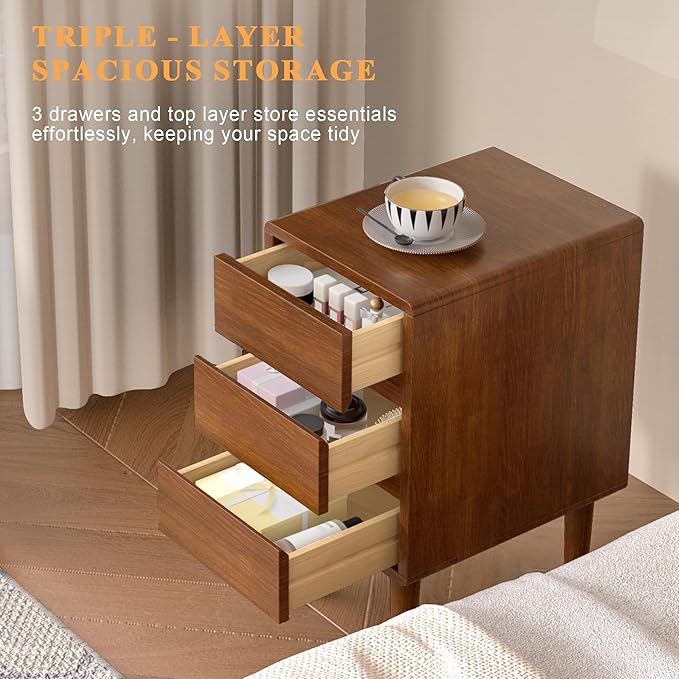 Nightstand with 3 Drawers Narrow Night Stand Solid Wood Bedside Table Mid Century Modern Nightstand Wooden End Table for Bedroom, Living Room, Study, Office