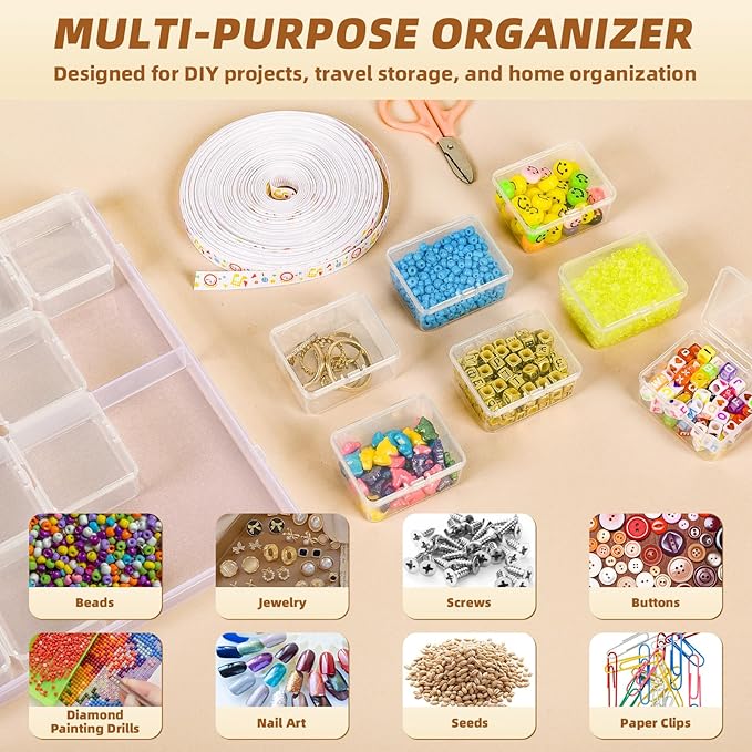Cokapo Bead Organizer Box, 64 Pcs Clear Bead Storage Containers, Craft Organizers and Storage with Hinged Lids and Labels, Small Plastic Containers Boxes for Jewelry, Seeds, Nail Art, Small Parts