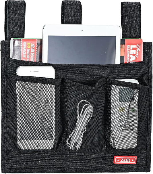 Zafit Linen Bedside Caddy, Bedside Storage Organizer for Hospital Beds, College Dorm Rooms or Baby Bed (Classic 4 Pockets Black)