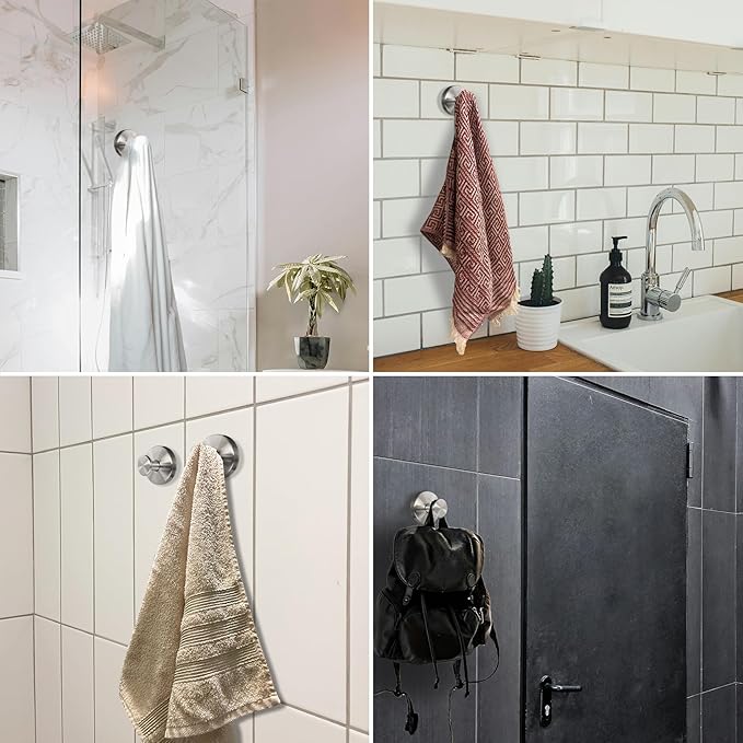 Welsa Suction Cup Hooks for Shower - 4 Pack, Matte Black - Stainless Steel, Strong Suction, No Drill, Removable Hanger, Tile Bathroom Kitchen Wall, Glass Door, Mirror Hook Hanging Robe, Towel Holder
