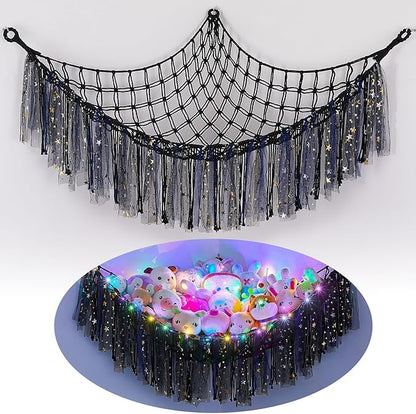 FIOBEE Stuffed Animals Net or Hammock with LED Light, Toy Hammock Hanging Stuffed Animals Storage Organizer Holder Room Décor for Nursery Kids Bedroom