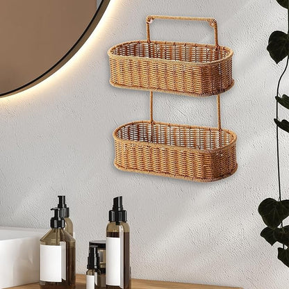 Woven Hanging Organizer Basket, 2 Tier Hanging Fruit Basket, Hand Woven 2 Tier Basket Stand for Bedrooms, Kitchen Entrances, Oval