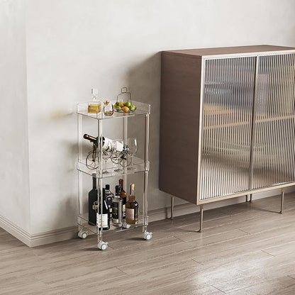 HMYHUM Small Acrylic Bar Cart, 15.2" L x 11.2" W x 34.2" H, 3 Tier Mini Rolling Serving Cart with 4 Lockable Wheels for Home Bar, Kitchen, Living Room, Modern, Clear