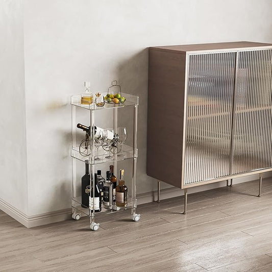 HMYHUM Small Acrylic Bar Cart, 15.2" L x 11.2" W x 34.2" H, 3 Tier Mini Rolling Serving Cart with 4 Lockable Wheels for Home Bar, Kitchen, Living Room, Modern, Clear
