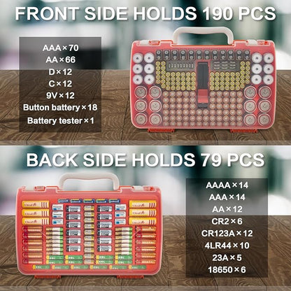 Battery Organizer Storage Holder Case with Double-Sided, Garage Box with Tester Checker. Batteries Container for 269pcs AA AAA AAAA 3A 4A 9V C D Lithium 4LR44 CR2 CR123A CR1632 CR2032 18650 - Orange