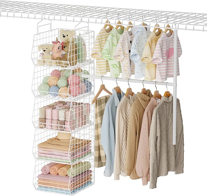 5 Tier Extended Depth Hanging Closet Organizer with Adjustable Width and Height Hanging Rod, Storage Shelves for Sweaters Towels Handbags, Stackable Metal Bins for Closet, Laundry, Dorm, White