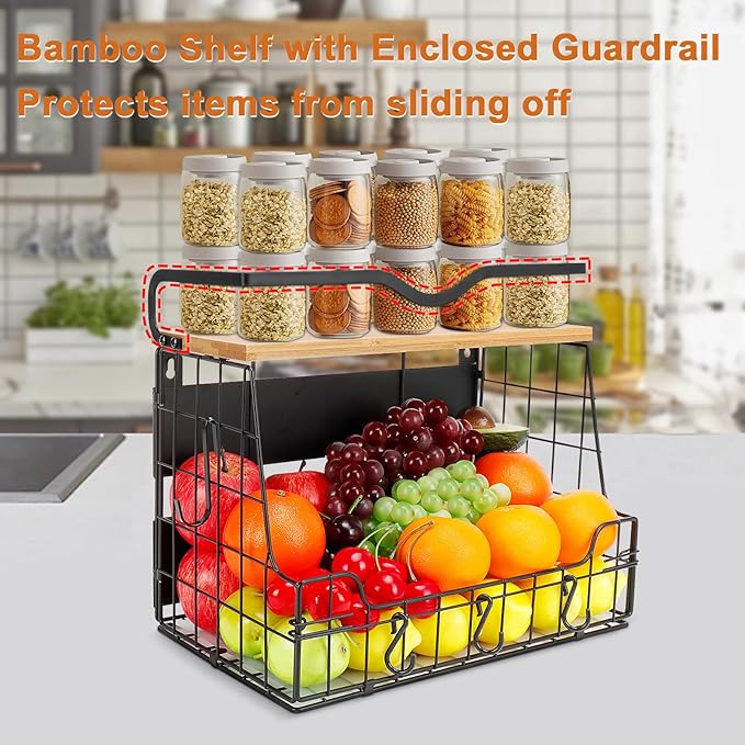Livabber Magnetic Fridge Organizer Basket with Wood Shelf, Large Fruit Vegetable Storage Bin, Spices Snacks Condiments Rack for Kitchen Pantry, Laundry Room, Office, Magnetic or Wall Mount (Black)