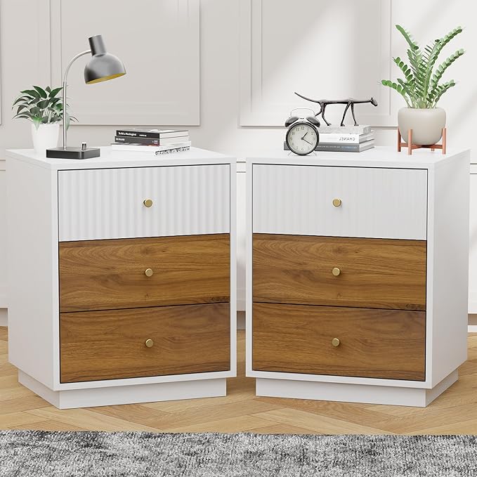 23.6" Set of 2 Tall Night Stand with 3 Storage Drawers, Fluted Nightstand with Metal Handles, Modern End Table Bedside Table Chest for Bedroom, White and Natural