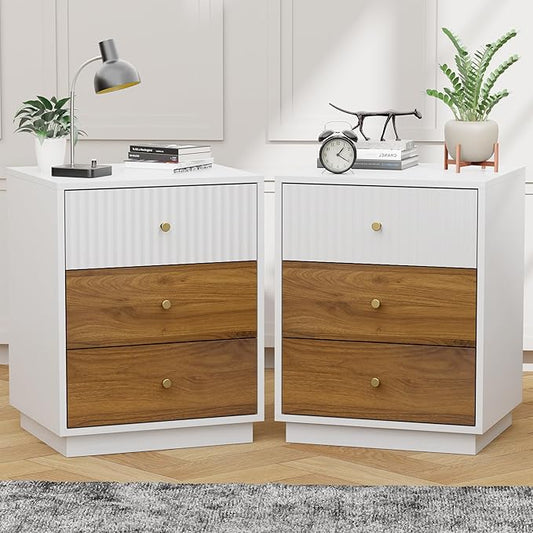 23.6" Set of 2 Tall Night Stand with 3 Storage Drawers, Fluted Nightstand with Metal Handles, Modern End Table Bedside Table Chest for Bedroom, White and Natural