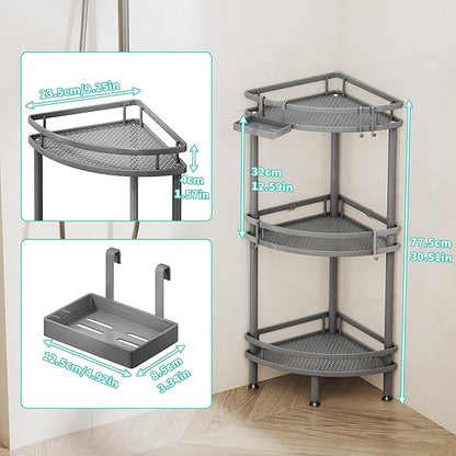 HapiRm apiRm Standing Corner Shower Caddy - 3 Tier Shower Organizer Corner with Soap Holder and 4 Hooks, Rustproof Bathroom Storage Shelves with Adhesives, Grey
