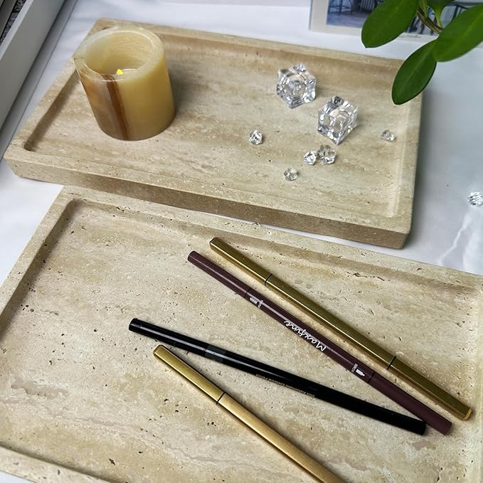 OAIQNUJ Natural Travertine Stone Perfume Tray, 9.8"x5.9" Marble Vanity Tray for Bathroom/Kitchen/Coffee Table