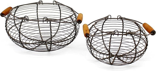 CVHOMEDECO. Round Wire Egg Baskets Rustic Fruit Baskets with Wooden Handles Primitives Vintage Gathering Basket. Rusty, Set of 2