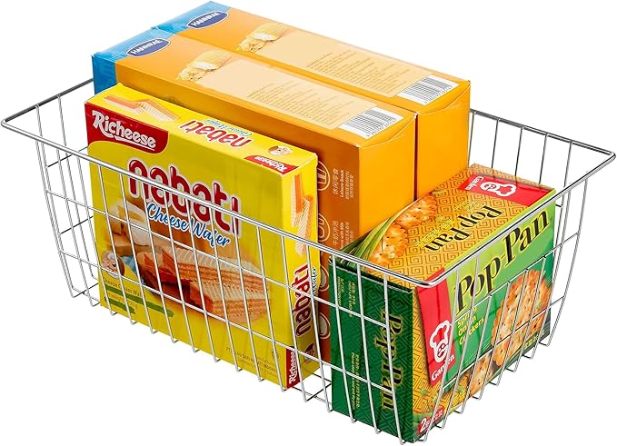 Slideep Wire Baskets Farmhouse Freezer Organizer Storage Bin Basket with Handles, Food Storage for Kitchen Cabinets, Pantry, Closet, Bedroom, Bathroom, Office 3 Pack