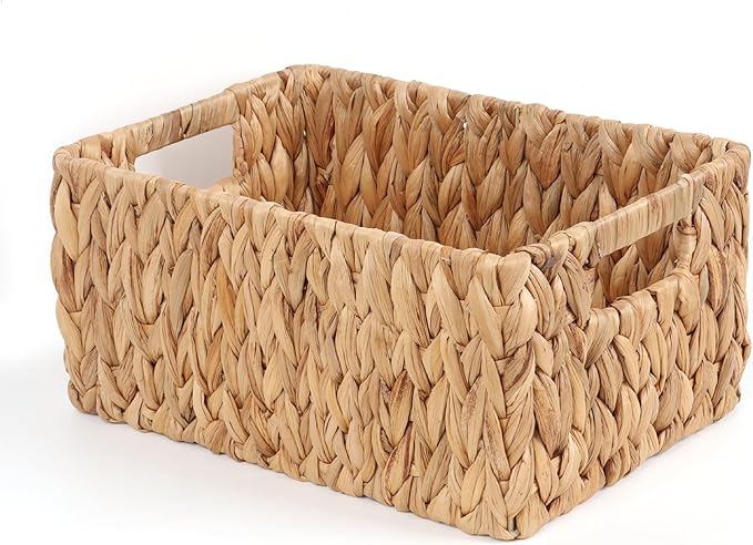 FEIALNDUO Wicker Shelf Baskets, Woven Storage Bins for Shelves Pantry Organizers and Storage with Handles Home Decor (Natural, 13.4"D x 9.4"W x 6.5"H)