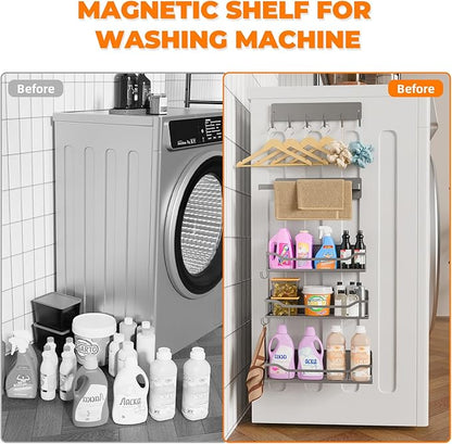 5 Pack Multifunctional Magnetic Shelves for Refrigerator Spice Rack & Washing Machine Organize, Include Paper Towel Holder, Kitchen Utensil Hanger and Hooks, Strong Magnet for Secure Hold (Gray)