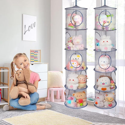 Basumee Stuffed Animals Net or Hammock 2 Pcs Stuffed Animals Storage Toy Net Hammock for Plushies Storage Organizer Mesh Girls Room Decor, Gray, 5 Tiers