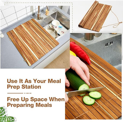 Maxdot Wooden Dish Drying Rack, 20.5 x 16 Inch Roll up Kitchen over Sink Dish Drying Rack for Dishes, Plates, Bowls, Wooden Cover Counter Space, Crack Resistant Drainer, Kitchen Supplies(Khaki)