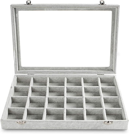 Frebeauty 24 Grid Earring Holder Organizer Tray, Jewelry Organizers and Storage for Drawer,Velvet Jewelry Display Storage for Earrings,Rings,Studs,10.5 x 6.5 x 1.2 Inches Gift for Women (Grey)