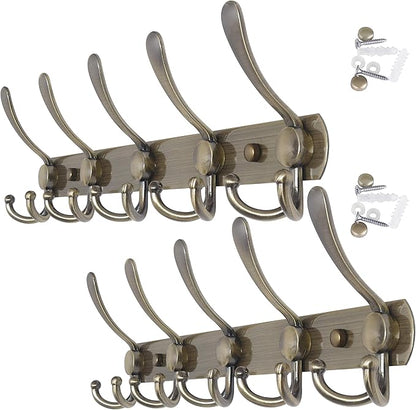 WEBI Coat Rack Wall Mount,Coat Hanger Wall,Coat Hooks Wall Mounted,Hook Rack Rail,5 Triple Hooks for Hanging Clothes,Hats,Jacket,Bronze,2 Packs