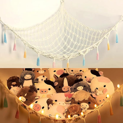 Stuffed Animal Net or Hammock with Light,Yewiwin Macrame Hanging Net Hammock for Stuffed Animal Toy Storage Organizer Boho Decor Room Holder for Nursery Play Room Bedroom (Beige(55"*55"*72"))