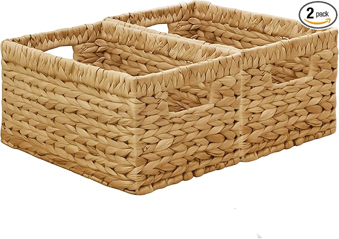 KOKODO Wicker Storage Basket, Set of 2 Handwoven Woven Baskets for Storage, Rectangular Water Hyacinth Baskets with Handles for Shelves, Closet & Home Organizing