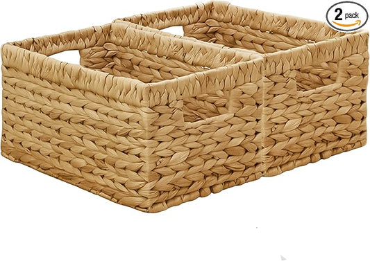 KOKODO Wicker Storage Basket, Set of 2 Handwoven Woven Baskets for Storage, Rectangular Water Hyacinth Baskets with Handles for Shelves, Closet & Home Organizing