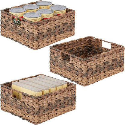 mDesign Woven Farmhouse Kitchen Pantry Food Storage Organizer Basket Bin Box - Container Organization for Cabinets, Cupboards, Shelves, Countertops - Store Potatoes, Onions, Fruit, 3 Pack, Brown Ombre