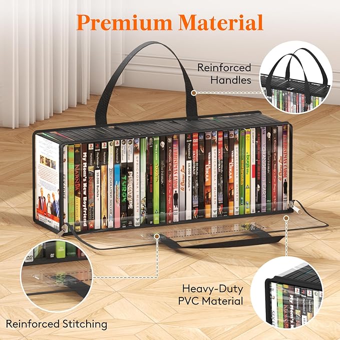 Lifewit DVD Storage Bags, Clear PVC DVD Case Holder with Handles, Front Window Zipper Design, Stackable Media Organizer for Blu Ray Disc, Movie Cases, VHS Box, Hold 210 Pcs DVDs (35 Each), 6 Pack