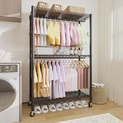 Heavy Duty Rolling Clothes Rack,Load 730LBS Clothing Racks for Hanging Clothes,Free Standing Closet Organizers and Storage Garment Racks with Wheels,2 Rods,Side Hooks,80"H x 45"W x 16"D