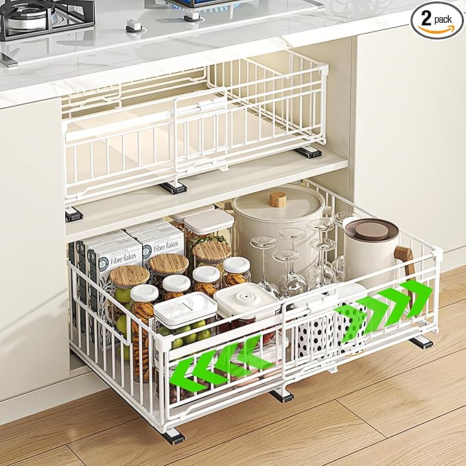 REALINN 2 Pack Pull Out Cabinet Organizer, Expandable(12"-20") Slide Out Drawers 3 Slide Rails Fix with Adhesive or Screw, Roll Out Shelves for Kitchen Cabinet Organization, White, 6.75in height
