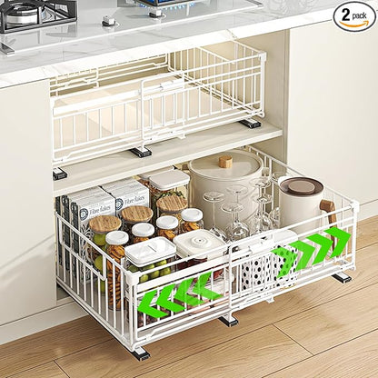 REALINN 2 Pack Pull Out Cabinet Organizer, Expandable(12"-20") Slide Out Drawers 3 Slide Rails Fix with Adhesive or Screw, Roll Out Shelves for Kitchen Cabinet Organization, White, 6.75in height