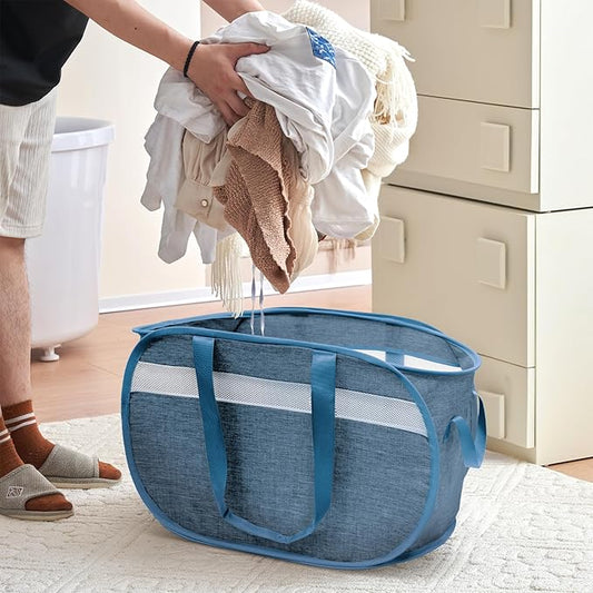 Collapsible Laundry Baskets, Foldable Tear Proof Pop Up Hamper with Reinforced Carry Handles, Durable Laundry Hamper for Home, Laundry, Bathroom, Dorm or Travel (Blue)