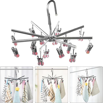 Drying Hanger, Hanging Drying Rack, Drip Hanger Stainless Steel with 16 Pegs for Laundry Underwear Socks, Quickly Remove Clothes from Hanger, Windproof, Folding Portable, (Red)
