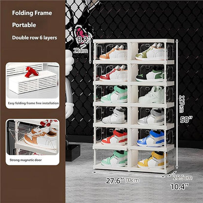 RILBOX X-Large Sturdy Foldable Shoe Rack Sneaker Container Clear Plastic Stackable Space Saving Shoe Storage Boxes Organizers Bin Holder with Lids for Entryway, Closet 6 Tier - 27.6" W Hold 12 Pairs