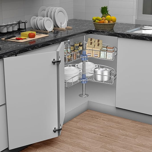 24" Kidney Corner Cabinet Lazy Susan for Kitchen, Adjustable Height Replacement Shelves for Corner Cabinet, Chrome Silver (Cannot be Door-Mounted)