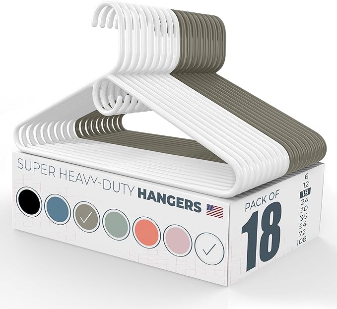 Neaties Super Heavy Duty Clothes Hangers 18 Pack – Made in The USA - 10lb Capacity, Thick Plastic Hangers for Pants, Coats, Jackets, Jeans and Adult Clothing – White & Gray