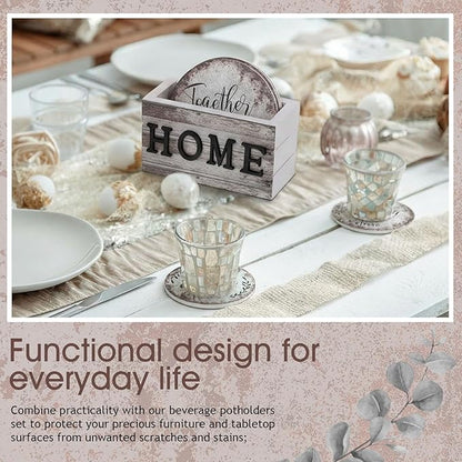 Queekay Coasters Set of 6 House Warming Gifts New Home Wooden Farmhouse Drink Coasters with Holder 4'' Funny Decoration for Kitchen Family Coffee Bar Tabletop Protection(Rust Color)