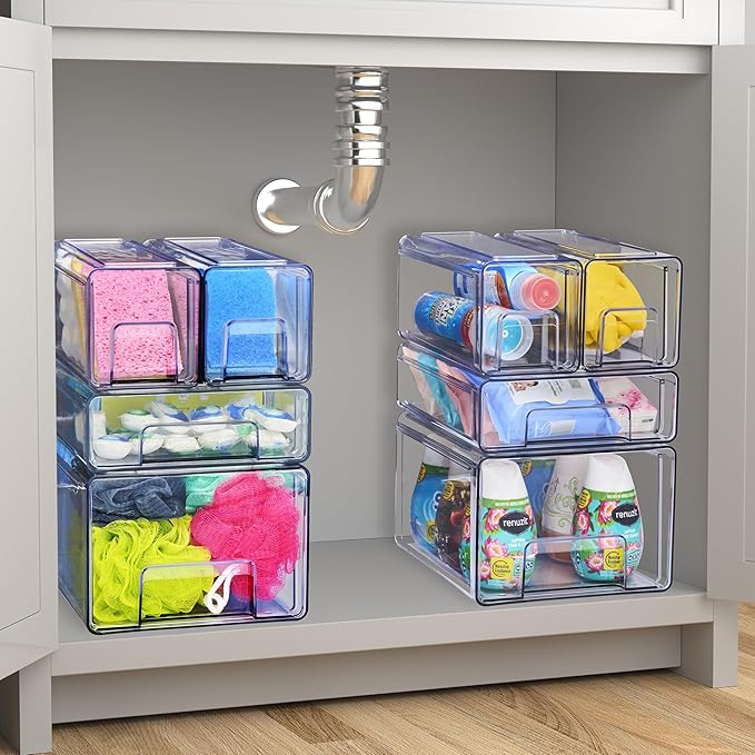 Sorbus Clear Stackable Storage Drawers, 4-Piece Set 1 Large, 1 Medium & 2 Small Pull-Out Plastic Organizer Bins with Handles for Bathroom, Closet, Pantry, Cabinet & Medicine Storage