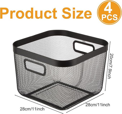 4 Pack Metal Mesh Steel Basket with Hollow Handles Square Wire Mesh Open Bin Fruit Storage Basket for Kitchen Bathroom Picnic Shopping Cabinet Home Items (Large,Black)