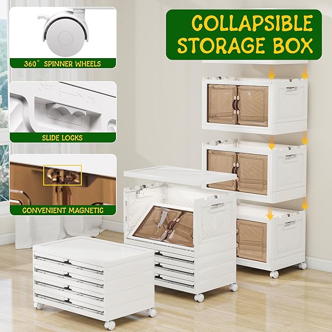 Vavkorkula Storage Bins with Lids and Wheels, 180QT-45QT*4Tier Collapsible Bathroom Storage Cabinet with Clear Doors, Plastic Stackable Closet Organizers and Containers White