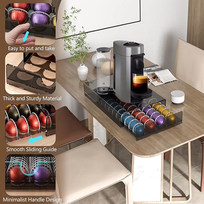 BXINREDA Acrylic Coffee Pod Organizer for Nespresso Vertuo Pod Holder 40 Pods transparent black Vertuo Pod Storage Drawer (1 Tier)