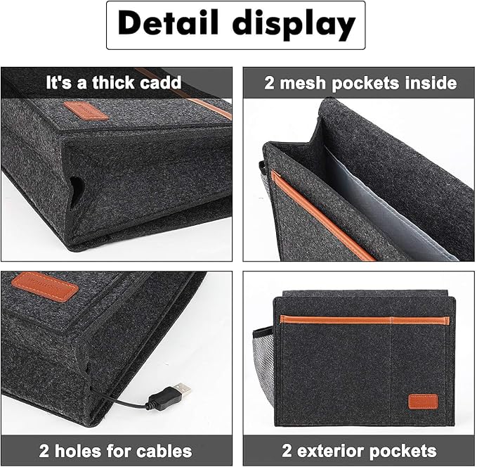 WantuSee Bedside Caddy, Bed Storage Organizer for Remote Controller, Books, Magzine, Laptop Holder, 12.4'' x 8.6'' inch Bedside Hanging Felt Storage Bag for Dorm Bed with 5 Pockets, Dark Gray