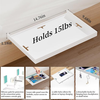 Foldable Bedside Shelf, Metal Clip-On Bed Tray Table for Bunk Bed & Dorm Beds, Dorm Room Essentials Organizer for College Students, Floating Tray, Space Saving Nightstand for Loft Beds (White, Large)