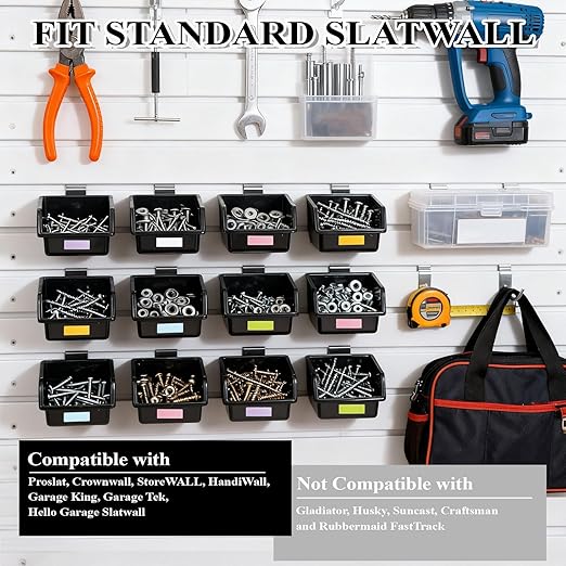 12 Pack Slatwall Bins with Hooks and Labels, Plastic Slatwall Accessories Boxes for Slat Wall Panels, Slat Wall Storage Bin Containers Organizers for Hardware, Garage, Craft Room, Tool Shed