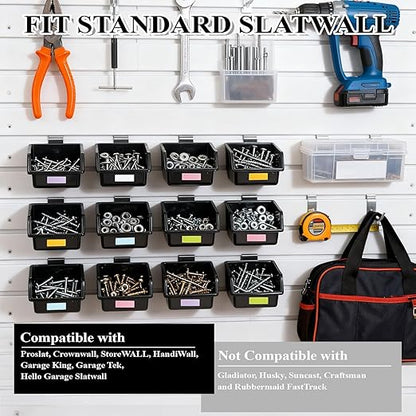 12 Pack Slatwall Bins with Hooks and Labels, Plastic Slatwall Accessories Boxes for Slat Wall Panels, Slat Wall Storage Bin Containers Organizers for Hardware, Garage, Craft Room, Tool Shed