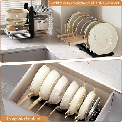 CEHNCEH Pots and Pans Organizer under Cabinet for Cabinet and Countertop Longest 28.5 in Foldable Adjustable 8-Tier Pan Organizer Rack Perfect to Store Pots, Kitchen Cabinet Organizer (Black)