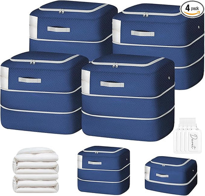 Easortm Comforter Storage Bag - 110L Large Capacity Blanket Storage Bags Ultra Space Saving Self Compression Organizer, Washable Compression Bags for Storage Comforter Blanket, 4-Pack, Navy Blue