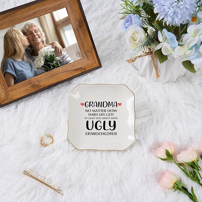 Jelershy Grandma Gifts Jewelry Dish Ring Tray, Grandmother Birthday Gifts for Grandma Christmas Valentines Mother's Day Gift from Grandkids-No Matter How Hard Life...You Don't Have Ugly Grandchildren