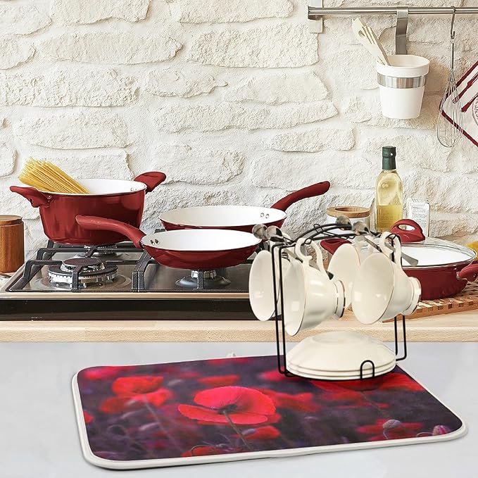 ZzWwR Magic Red Poppy 16" x 18" Absorbent Dish Drying Mat Microfiber Kitchen Countertop Table Protector Multi-Purpose Counter Rack Sink Drainer Pad